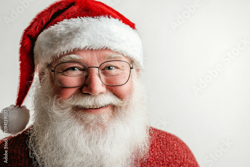 Portrait of Santa Claus. Beige background. Copy space. Close up