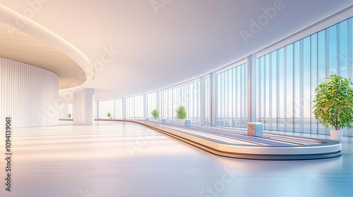 A calm and modern airport with an orderly conveyor belt system, soft lighting highlighting the smooth movement of luggage, minimalistic and clean photo