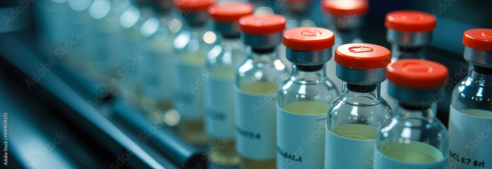 Close-up of medical vials on a pharmaceutical production line, yellow medicine Close-up of medical vials on a pharmaceutical production line, yellow medicine