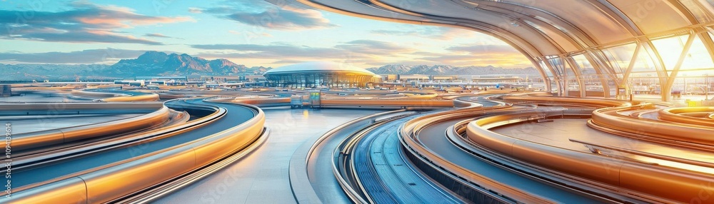 An overhead view of a complex conveyor belt system at an airport, crisscrossing paths as luggage moves through different terminals, futuristic and efficient An overhead view of a complex conveyor belt system at an airport, crisscrossing paths as luggage moves through different terminals, futuristic and efficient