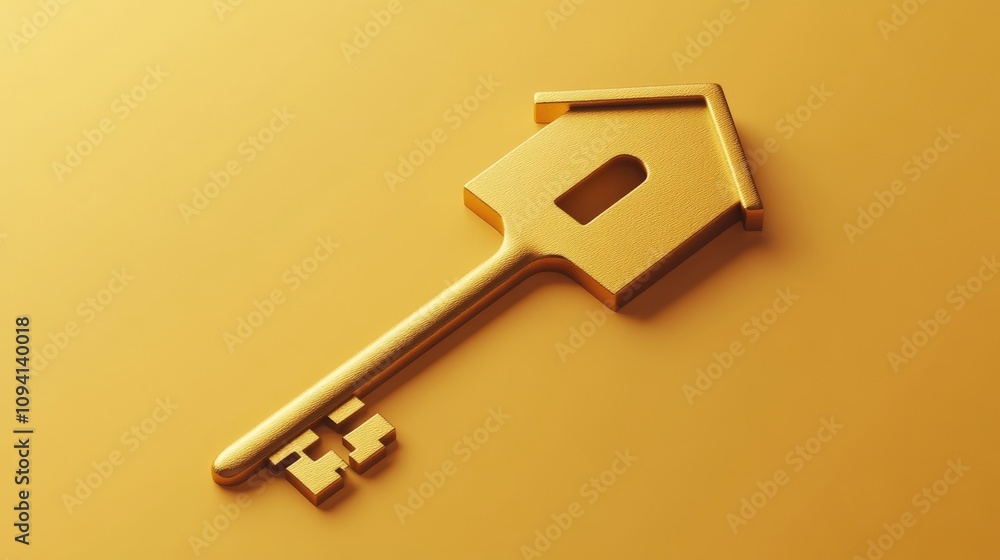 Golden House Shaped Key on Yellow Background Golden House Shaped Key on Yellow Background