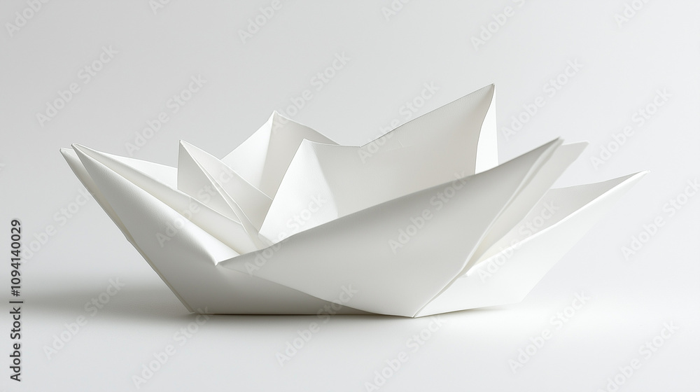 Modern white paper sculpture with sharp geometric folds Modern white paper sculpture with sharp geometric folds