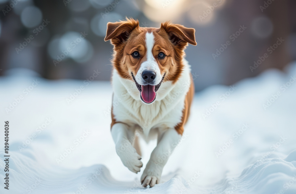 Portrait of a happy dog running in snow at winter in the forest