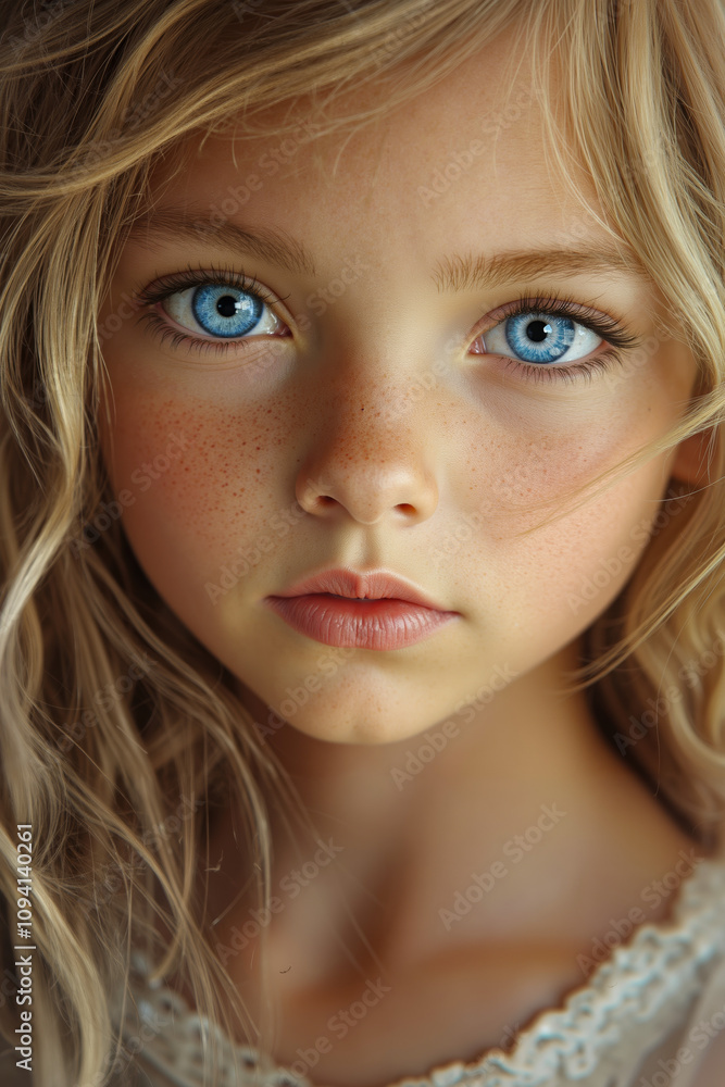A young girl with blue eyes and freckles on her face A young girl with blue eyes and freckles on her face