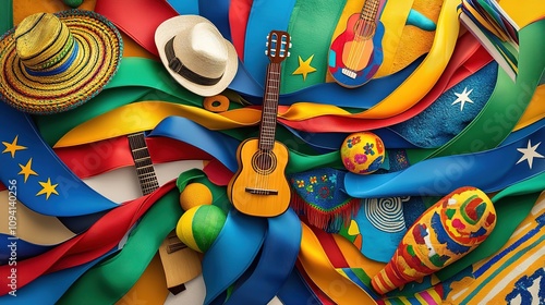 Vibrant Latin American cultural items and flags. photo