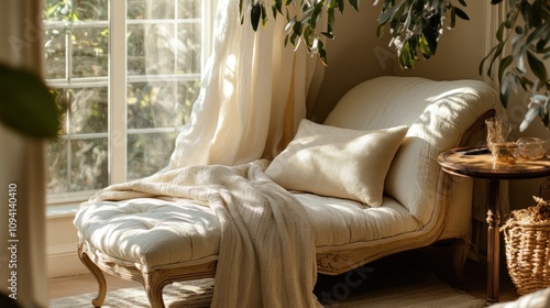 A cozy chaise lounge with a throw blanket and pillows, bathed in the soft light of a window.