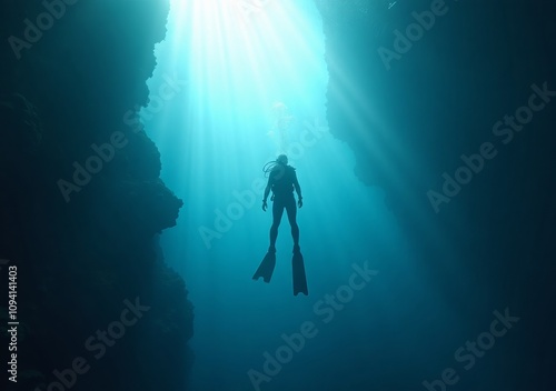 Diver exploring underwater caves illuminated by sunlight in clear blue water