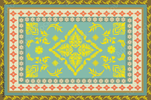 A vibrant and elegant rug design featuring a striking yellow floral motif in the center, framed by a soothing teal background. The intricate patterns include symmetrical leaves and blossoms