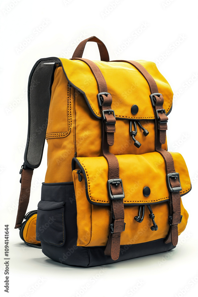 A yellow backpack with brown straps on a white background A yellow backpack with brown straps on a white background