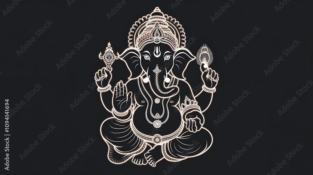 Lord ganesha with gold light lines isolated on black background.