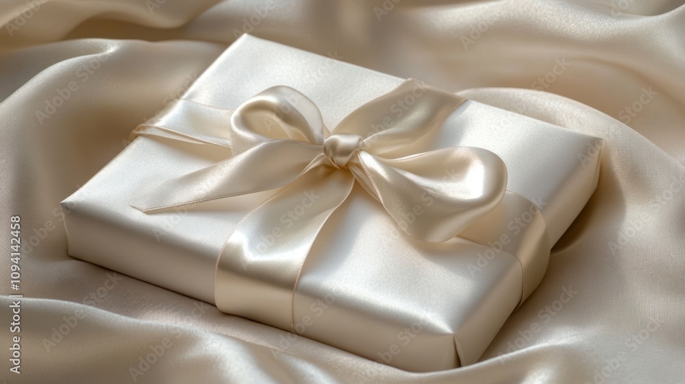 Elegant cream gift box with satin ribbon bow on silk fabric. Elegant cream gift box with satin ribbon bow on silk fabric.
