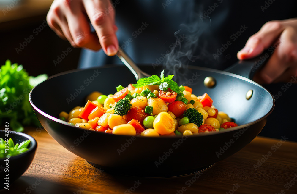 A person is cooking a stir fry with colorful vegetables in a wok on a stove A person is cooking a stir fry with colorful vegetables in a wok on a stove