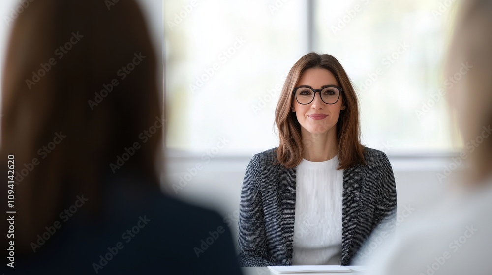 Obraz premium A professional woman wearing glasses and a blazer, smiling confidently while conducting or attending a formal job interview. 
