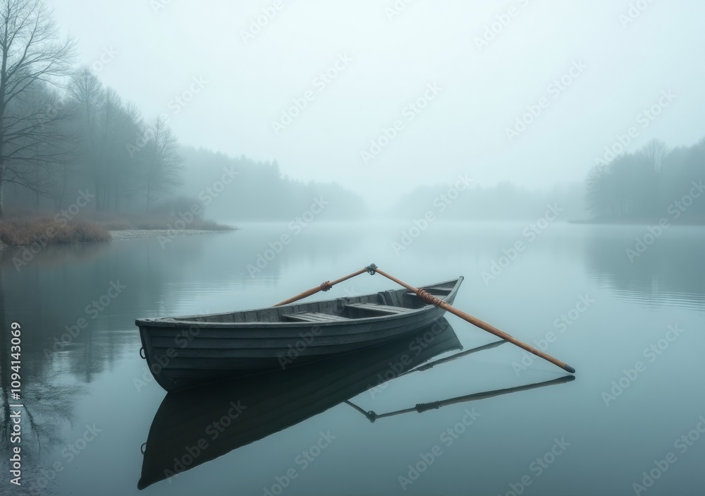 Misty morning on a calm lake with a small rowing boat anchored quietly Misty morning on a calm lake with a small rowing boat anchored quietly