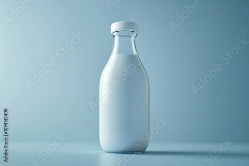 Clear glass milk bottle filled with fresh milk on smooth light blue background in minimalist style