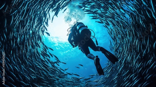 Diver emerging from underwater amidst a shoal of fish ocean depths photography marine environment underwater view nature exploration photo