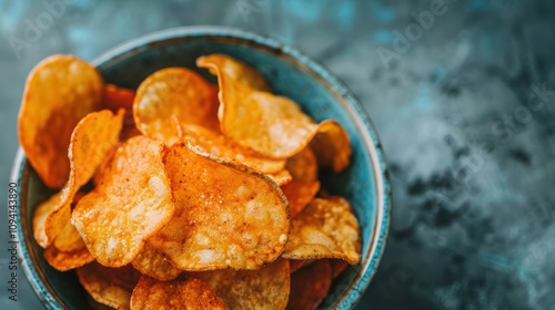 A vibrant bowl brimming with golden, crispy potato chips awaits eager snackers at a relaxed gathering or home movie night photo