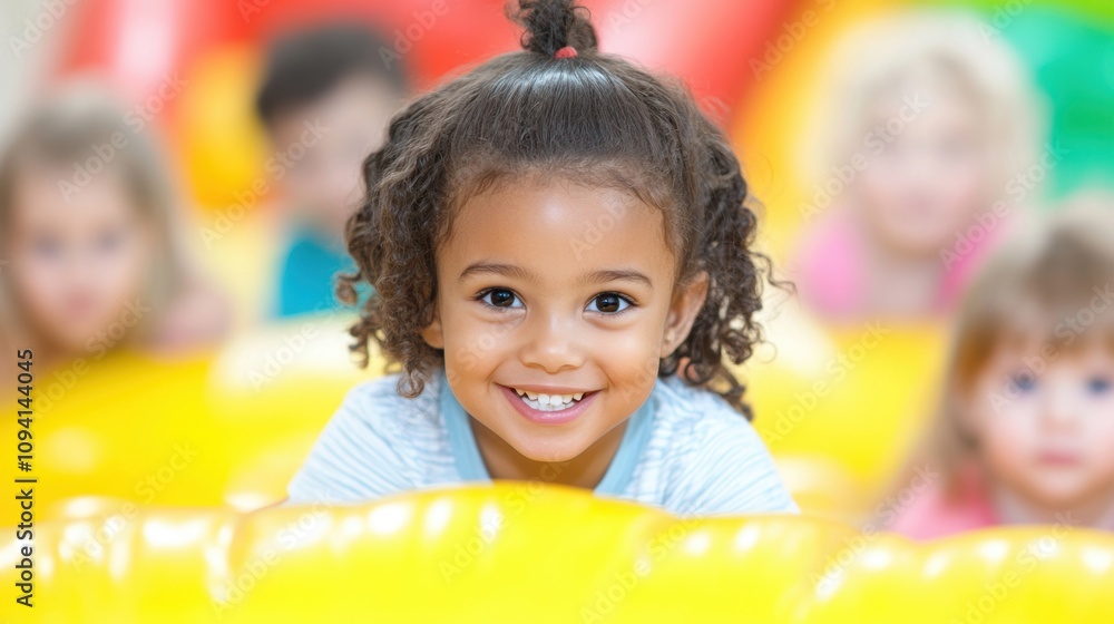 Close-up of a cheerful young girl with curly hair smiling brightly while playing in a colorful and lively playroom. Close-up of a cheerful young girl with curly hair smiling brightly while playing in a colorful and lively playroom.