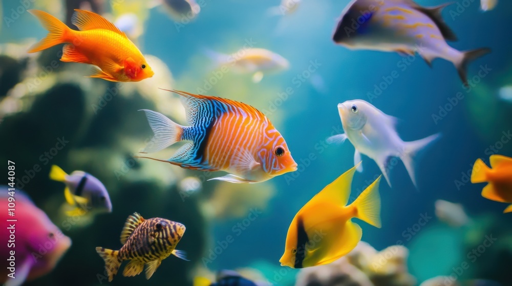 A group of colorful, diverse fish swimming in a clear aquarium, Symbolizing the beauty of diverse ecosystems A group of colorful, diverse fish swimming in a clear aquarium, Symbolizing the beauty of diverse ecosystems