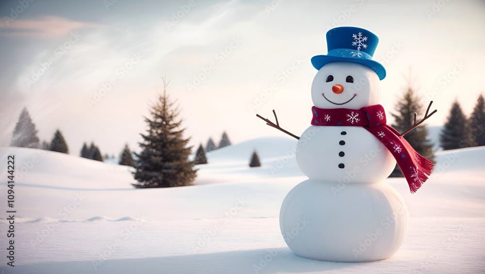 Obraz premium An adorable snowman set against a serene winter wonderland backdrop with a subtle creamy fog effect to enhance the atmosphere.