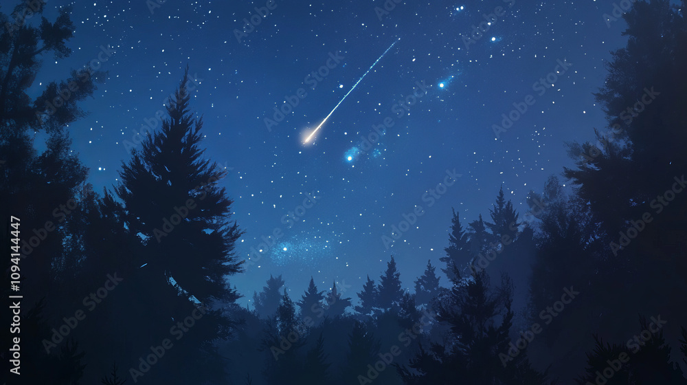 Magical serene winter night landscape snowy forest and fir branches under starry sky with shooting star wishing upon a star outdoor activity nature background with copy space Magical serene winter night landscape snowy forest and fir branches under starry sky with shooting star wishing upon a star outdoor activity nature background with copy space