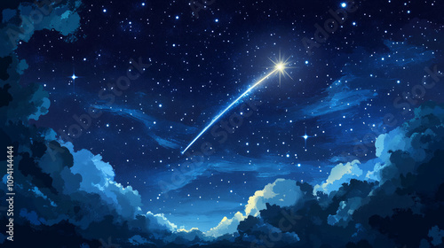 Magical serene cloudscape and starry night sky with shooting star comet gradient blue artistic wishing upon a star outdoor activity nature astronomy hopefulness background with copy space