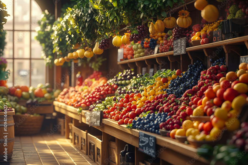 A fruit stand filled with lots of different types of fruits and vegetables A fruit stand filled with lots of different types of fruits and vegetables