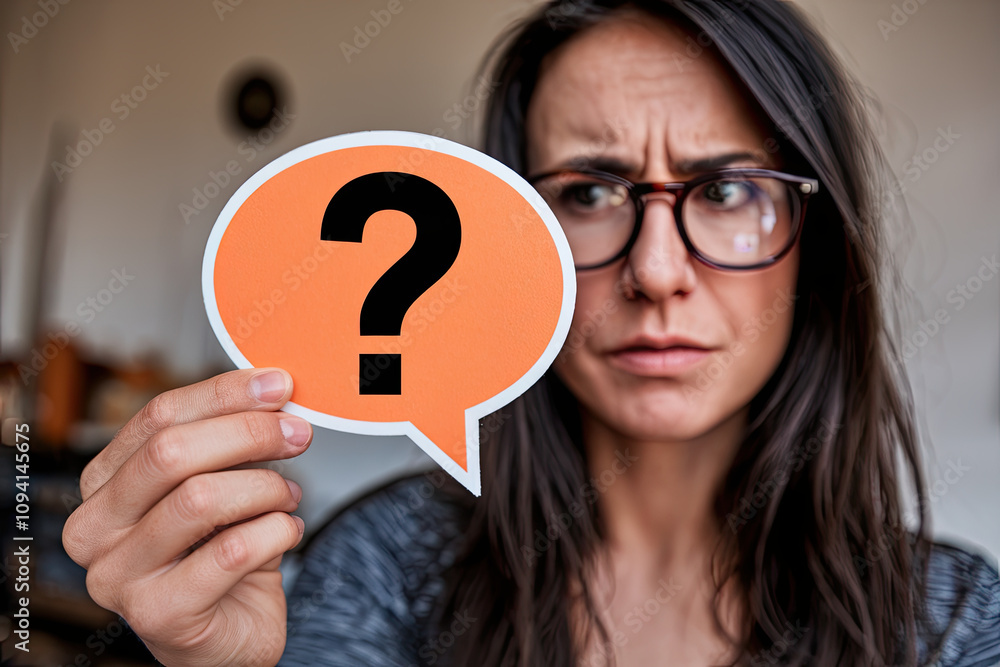 Woman holding speech bubble with black question mark on orange background, inquiry concept Woman holding speech bubble with black question mark on orange background, inquiry concept