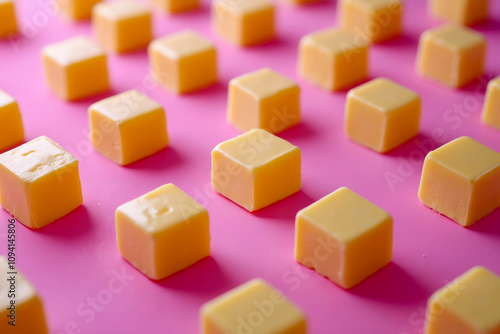 A pink surface covered in cubes of cheese on a pink surface