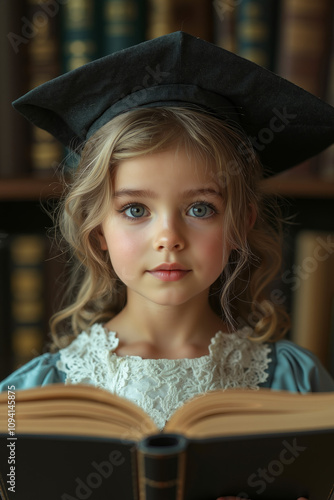 A little girl in a graduation cap reading a book