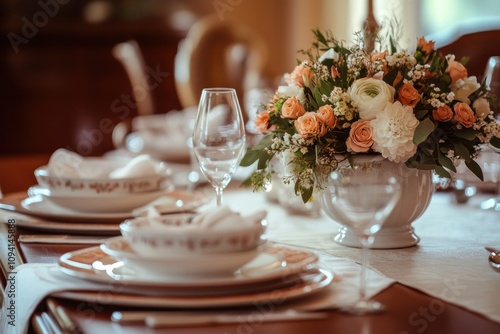 Elegant table setting with a centerpiece of pink roses, white carnations, and greenery.