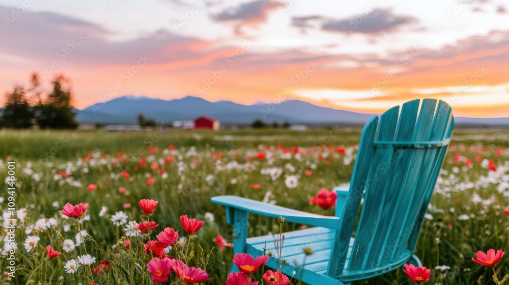 Fototapeta premium A blue Adirondack chair sits in a vibrant field of red and white wildflowers at sunset, with mountains in the distance.