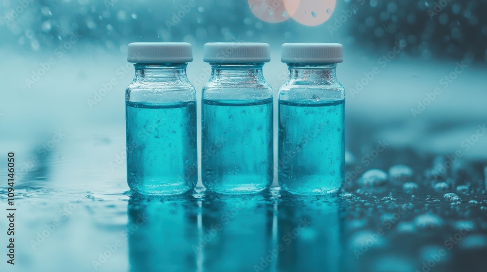 Three glass vials containing vibrant blue liquid rest on a wet surface, capturing reflections from nearby light sources Three glass vials containing vibrant blue liquid rest on a wet surface, capturing reflections from nearby light sources