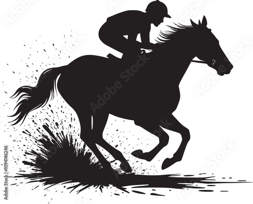 Horse and jockey racing with flying mud, dynamic equestrian scene