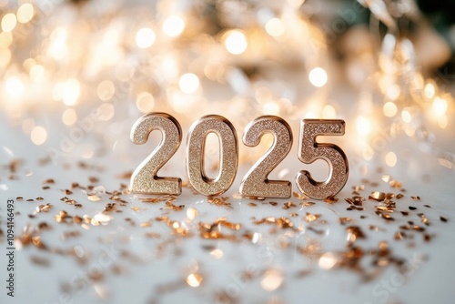 Shiny Gold 2025 Numbers on Reflective Surface with Gold Confetti and Bokeh Lights for New Year Celebration photo