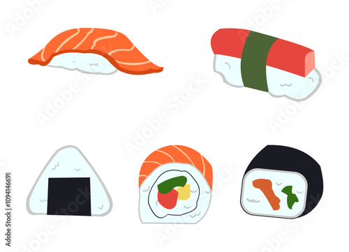 illustration of Japanese food, sushi and onigiri.