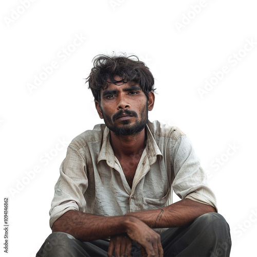 Front view mid body shot of a extremely ugly homeless Indian man in dirty and torn hoodie & trousers looking very sad, isolated on a white transparent background