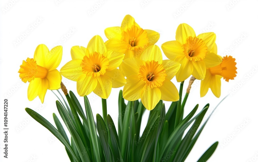 Vibrant Yellow Daffodils Flowers Isolated on White Background in Full Bloom Vibrant Yellow Daffodils Flowers Isolated on White Background in Full Bloom