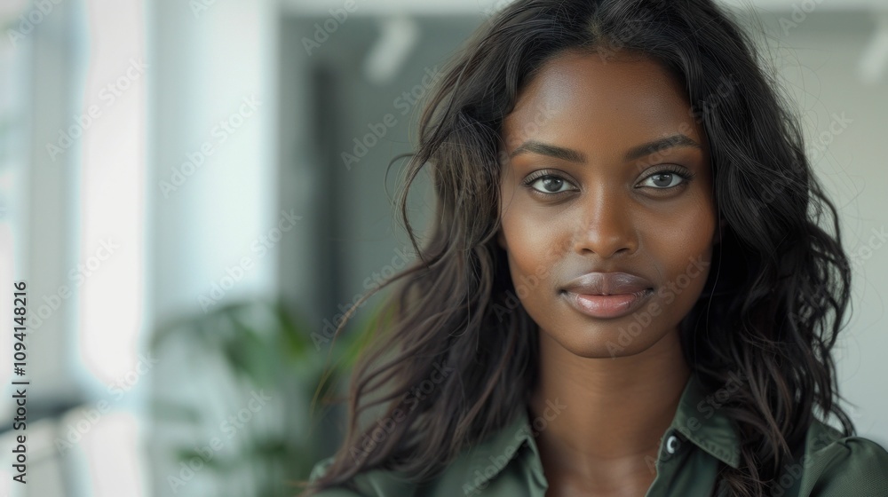 Portrait of a confident woman with long dark hair, standing indoors with a soft background, exuding professionalism and grace in a modern workspace environment Portrait of a confident woman with long dark hair, standing indoors with a soft background, exuding professionalism and grace in a modern workspace environment