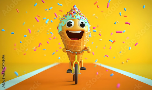 A cheerful ice cream cone character riding a bicycle with colorful sprinkles in a vibrant setting.