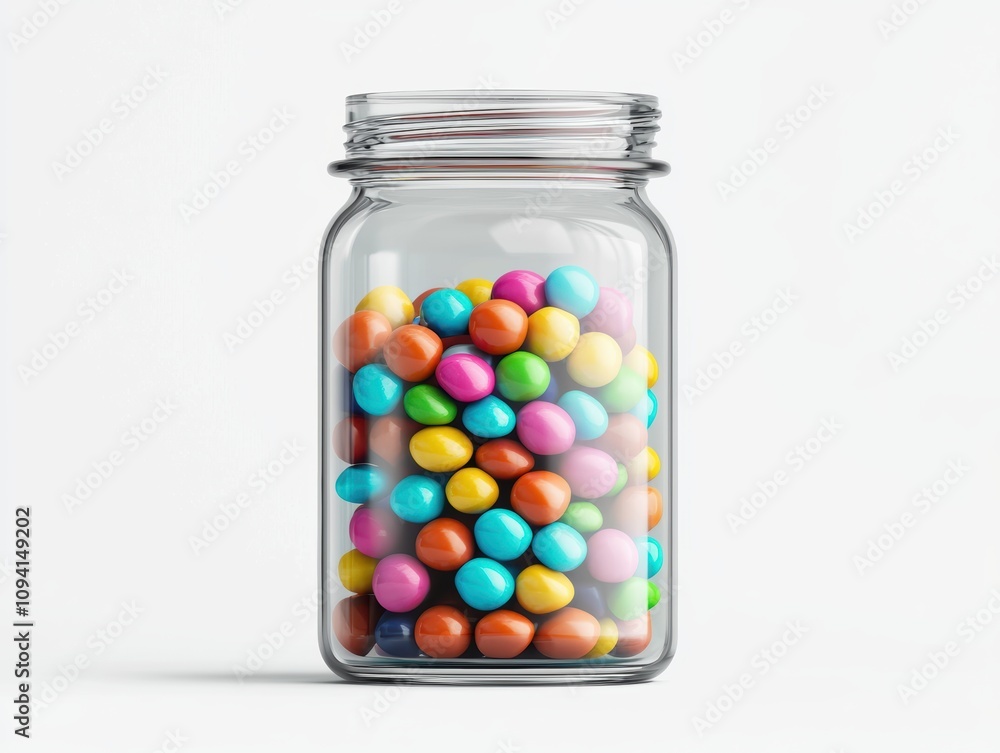 A clear glass jar filled with colorful, round candies, showcasing a vibrant assortment of hues against a minimalist background. A clear glass jar filled with colorful, round candies, showcasing a vibrant assortment of hues against a minimalist background.