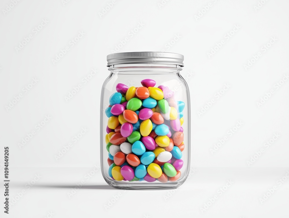 A colorful jar filled with vibrant candy-coated treats, showcasing a delightful assortment of pastel shades. A colorful jar filled with vibrant candy-coated treats, showcasing a delightful assortment of pastel shades.