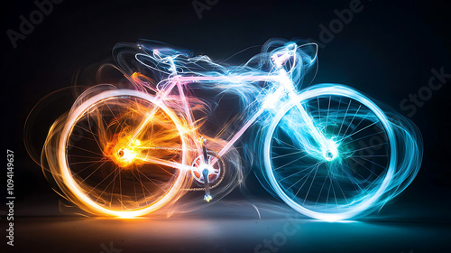 light painting shot of bicycle at night, showcasing vibrant colors and dynamic motion. glowing wheels create energetic and captivating visual effect photo