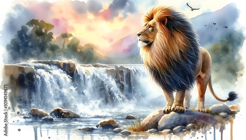 Majestic Lion Standing Proudly on Rocks Near Waterfall. generator AI photo