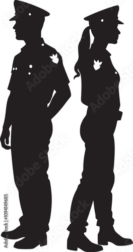 Black and white vector silhouette of male and female police officers