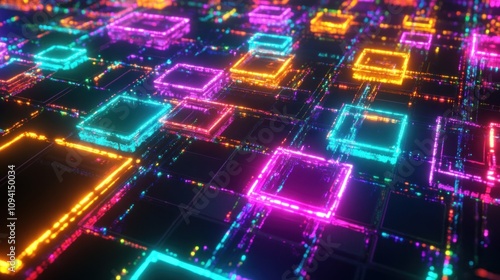 Here's a and keyword list suitable for a stock photo site.. Vibrant neon squares glow on a dark digital grid.