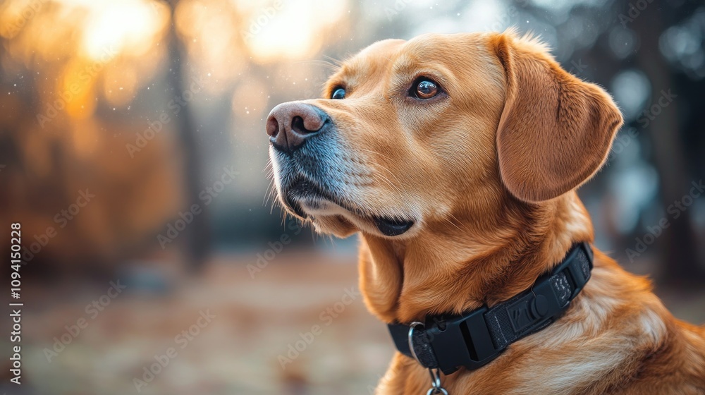 A dog wearing a smart collar that tracks its activity levels, location, and health vitals, with real-time data on movement, heart rate, and calories burned displayed in augmented reality A dog wearing a smart collar that tracks its activity levels, location, and health vitals, with real-time data on movement, heart rate, and calories burned displayed in augmented reality