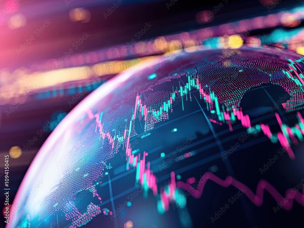 Macro view of a globe with stock market graphs overlayed, vibrant tones, global finance concept, dynamic trading visualization Macro view of a globe with stock market graphs overlayed, vibrant tones, global finance concept, dynamic trading visualization
