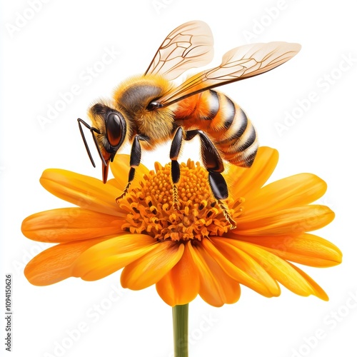 A close-up of a bee collecting nectar from a vibrant orange flower, showcasing the details of the bee's body and the flower's petals.