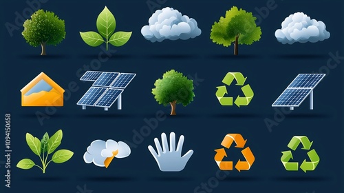 Collection of 15 outline icons representing sustainable growth and eco friendly development including solar panels and recycling symbols  Editable linear graphic design photo